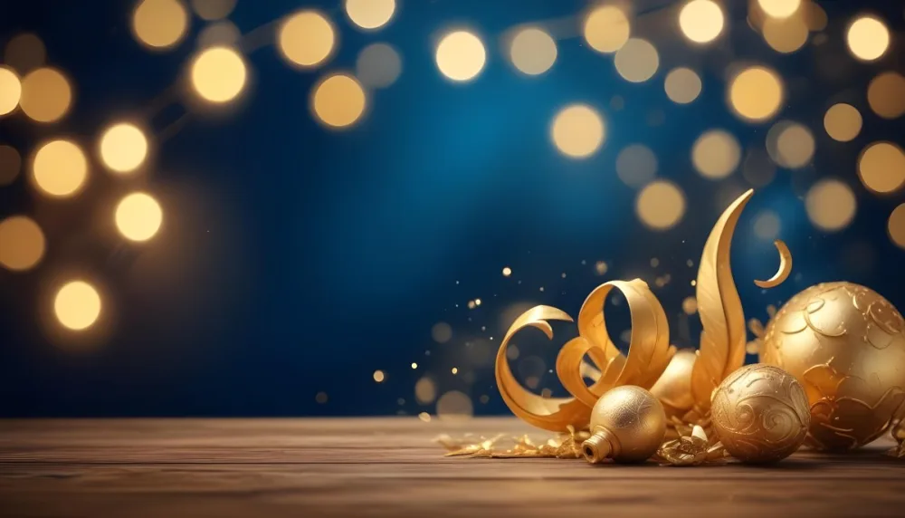 Digital Painting Golden Decorative Objects On A Wooden Surface With A Blurred Background Of Blue And Golden Bokeh Lights Creating A Festive And Elegant Atmosphere Bold And Slim Lines Brush Strokes 6 33db