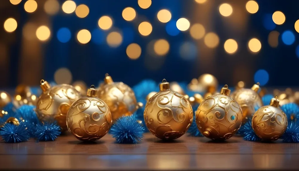 Digital Painting Golden Decorative Objects On A Wooden Surface With A Blurred Background Of Blue And Golden Bokeh Lights Creating A Festive And Elegant Atmosphere Bold And Slim Lines Brush Strokes 7 D8a2