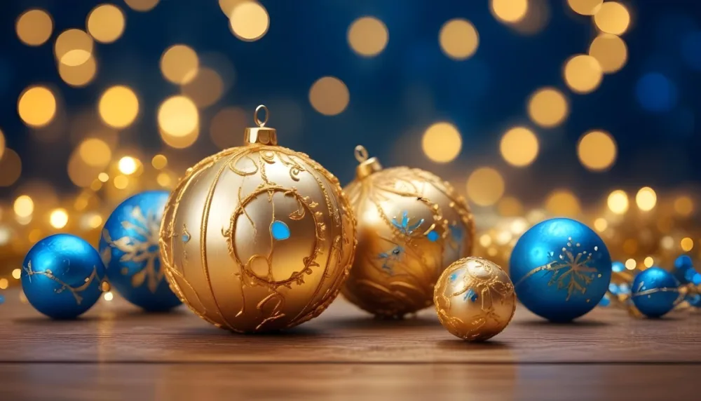 Digital Painting Golden Decorative Objects On A Wooden Surface With A Blurred Background Of Blue And Golden Bokeh Lights Creating A Festive And Elegant Atmosphere Bold And Slim Lines Brush Strokes 8 7519