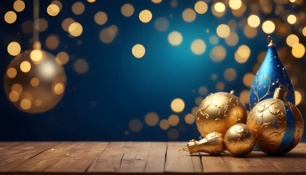 Digital Painting Golden Decorative Objects On A Wooden Surface With A Blurred Background Of Blue And Golden Bokeh Lights Creating A Festive And Elegant Atmosphere Bold And Slim Lines Brush Strokes 9 0f57