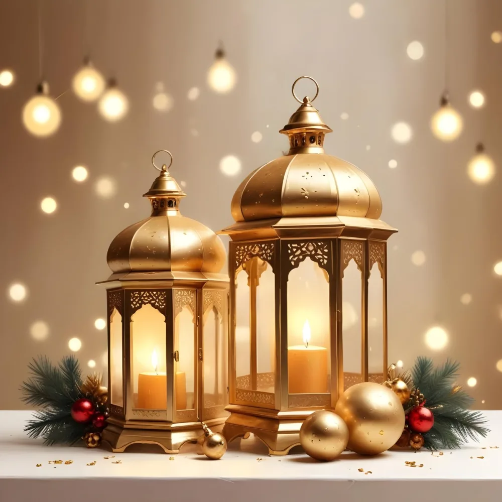 Digital Painting Two Golden Arabic Lanterns And Christmas Balls On A White Table With A Beige Background And Some Bokeh Lights Bold And Slim Lines Brush Strokes 1 2cb6