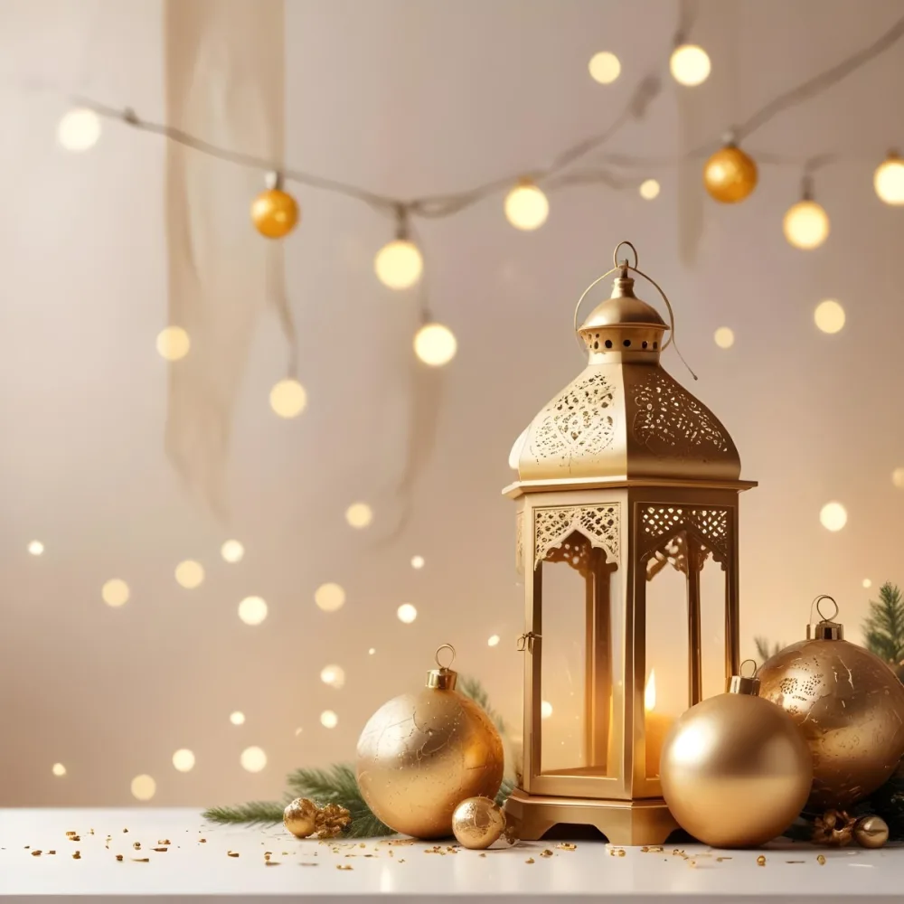 Digital Painting Two Golden Arabic Lanterns And Christmas Balls On A White Table With A Beige Background And Some Bokeh Lights Bold And Slim Lines Brush Strokes 15 03bc