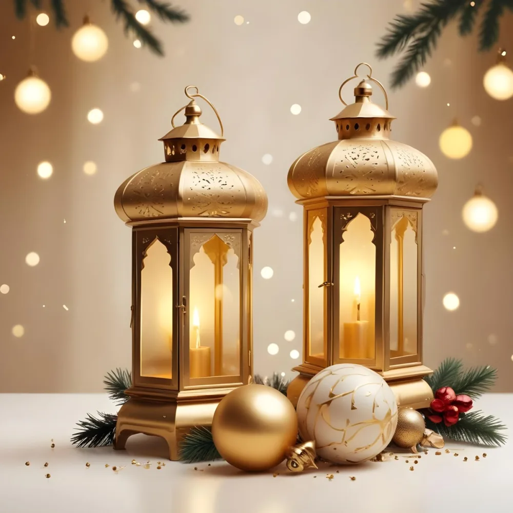Digital Painting Two Golden Arabic Lanterns And Christmas Balls On A White Table With A Beige Background And Some Bokeh Lights Bold And Slim Lines Brush Strokes 28 9e4e