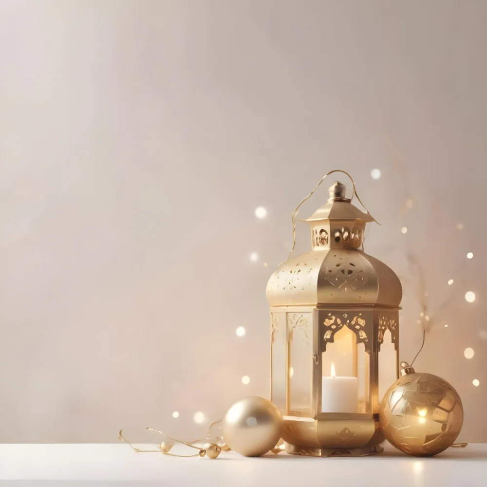 Digital Painting Two Golden Arabic Lanterns And Christmas Balls On A White Table With A Beige Background And Some Bokeh Lights Bold And Slim Lines Brush Strokes 4 62f4
