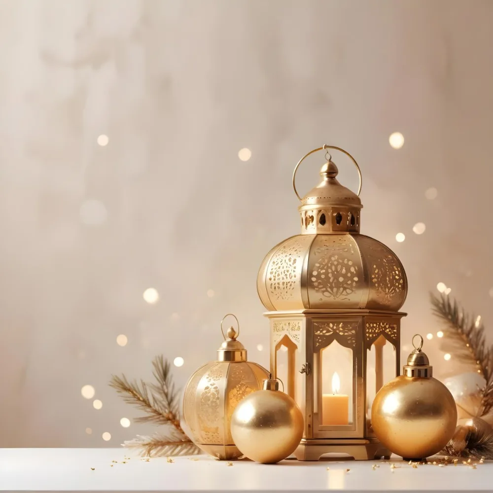 Digital Painting Two Golden Arabic Lanterns And Christmas Balls On A White Table With A Beige Background And Some Bokeh Lights Bold And Slim Lines Brush Strokes 42 2dd1