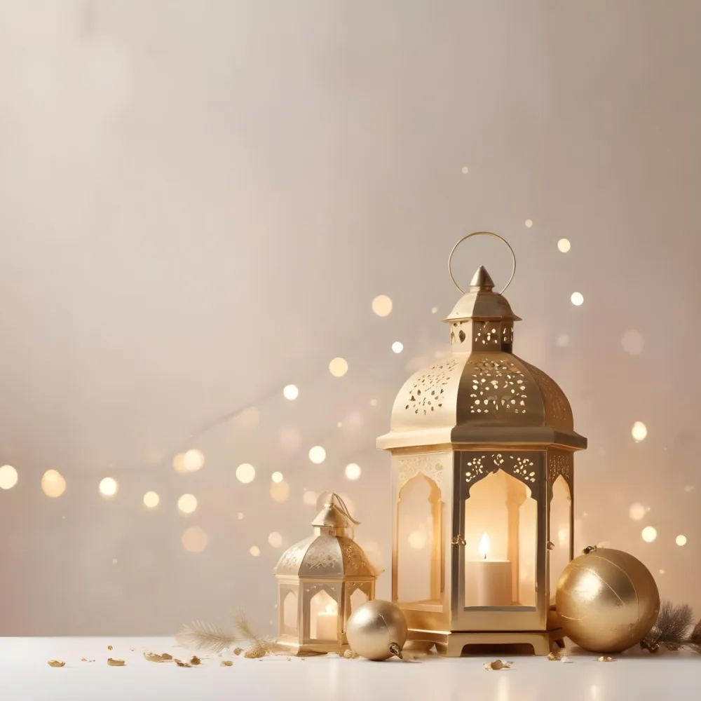 Digital Painting Two Golden Arabic Lanterns And Christmas Balls On A White Table With A Beige Background And Some Bokeh Lights Bold And Slim Lines Brush Strokes 43 A604