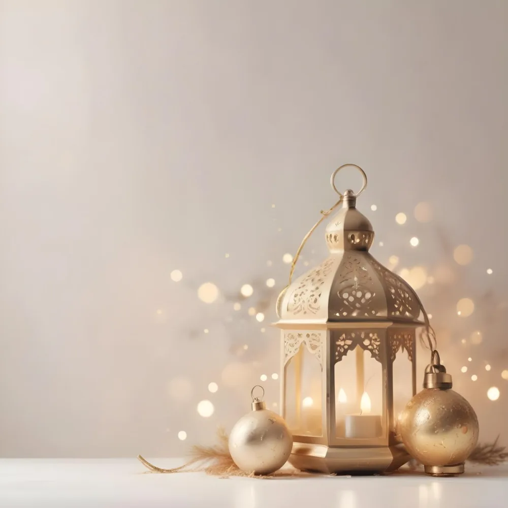 Digital Painting Two Golden Arabic Lanterns And Christmas Balls On A White Table With A Beige Background And Some Bokeh Lights Bold And Slim Lines Brush Strokes 44 1b76
