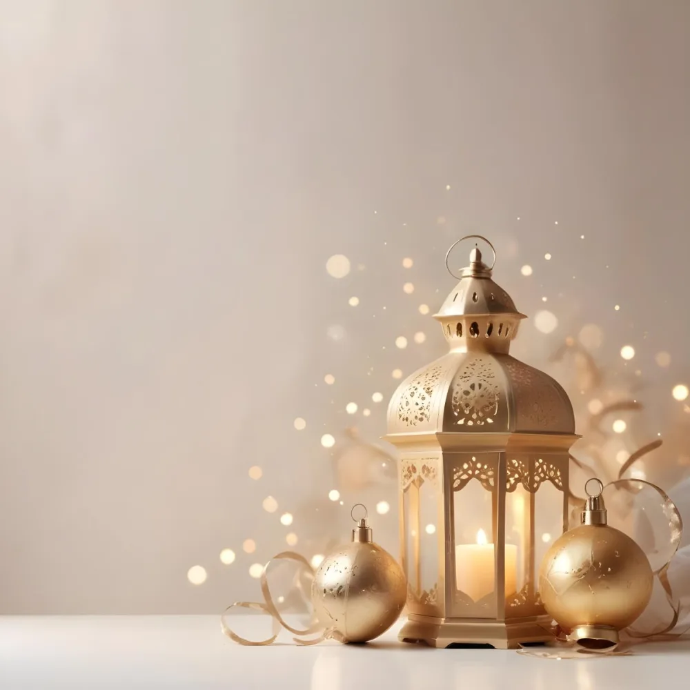 Digital Painting Two Golden Arabic Lanterns And Christmas Balls On A White Table With A Beige Background And Some Bokeh Lights Bold And Slim Lines Brush Strokes 8 F508