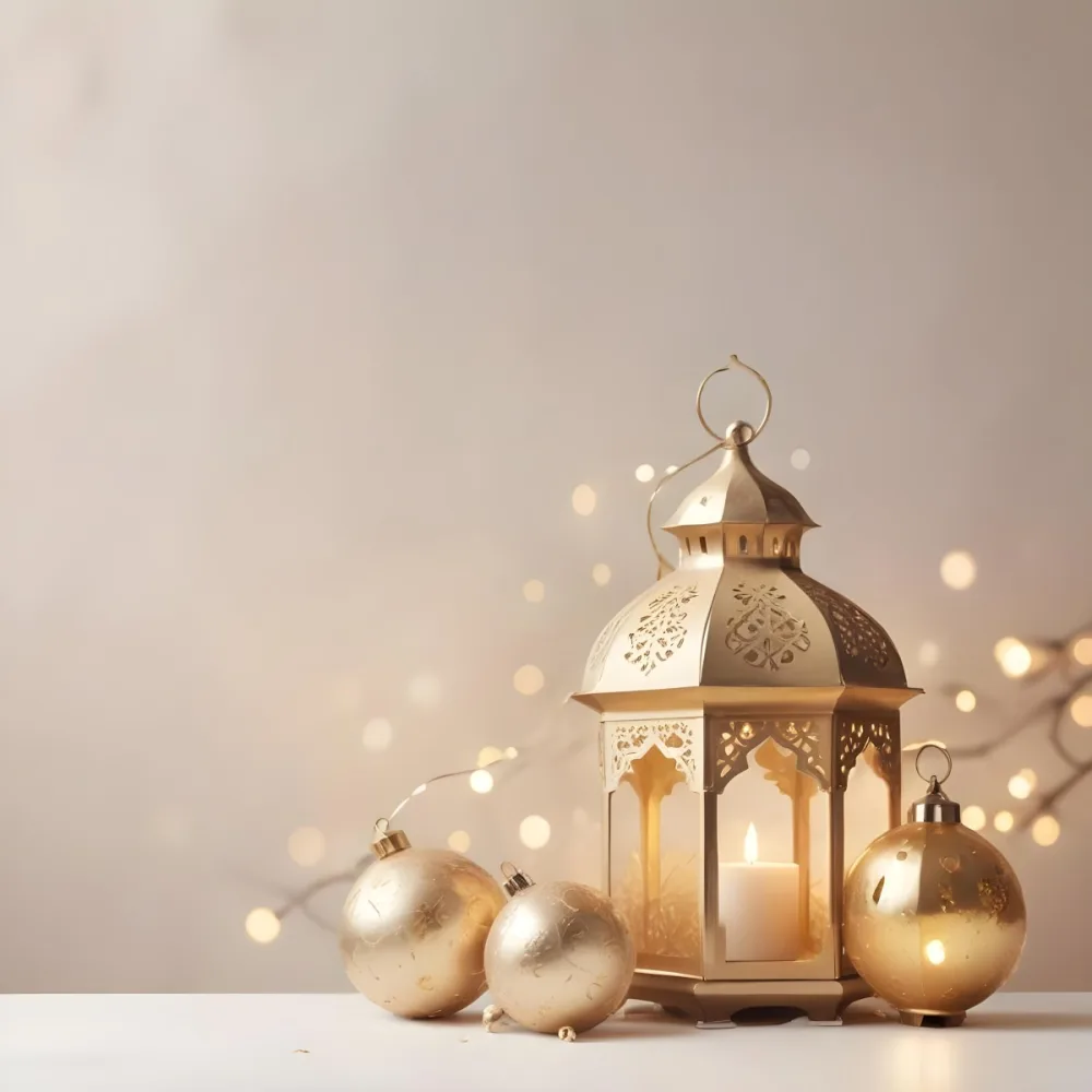 Digital Painting Two Golden Arabic Lanterns And Christmas Balls On A White Table With A Beige Background And Some Bokeh Lights Bold And Slim Lines Brush Strokes 9 A0f7