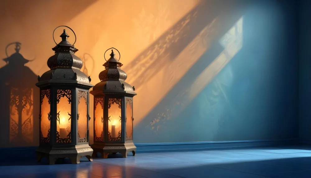 Digital Painting Two Ornate Metal Lanterns With Intricate Designs Glowing With Warm Light Casting Shadows On A Textured Wall In A Room With A Blue Floor Bold And Slim Lines Brush Strokes 12 4a64
