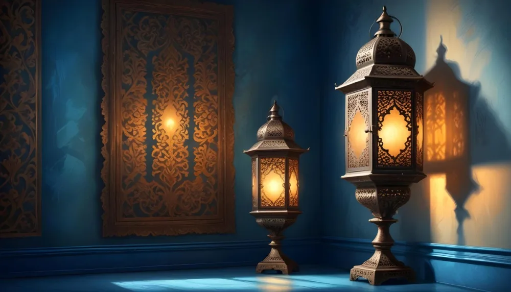 Digital Painting Two Ornate Metal Lanterns With Intricate Designs Glowing With Warm Light Casting Shadows On A Textured Wall In A Room With A Blue Floor Bold And Slim Lines Brush Strokes 18 A882