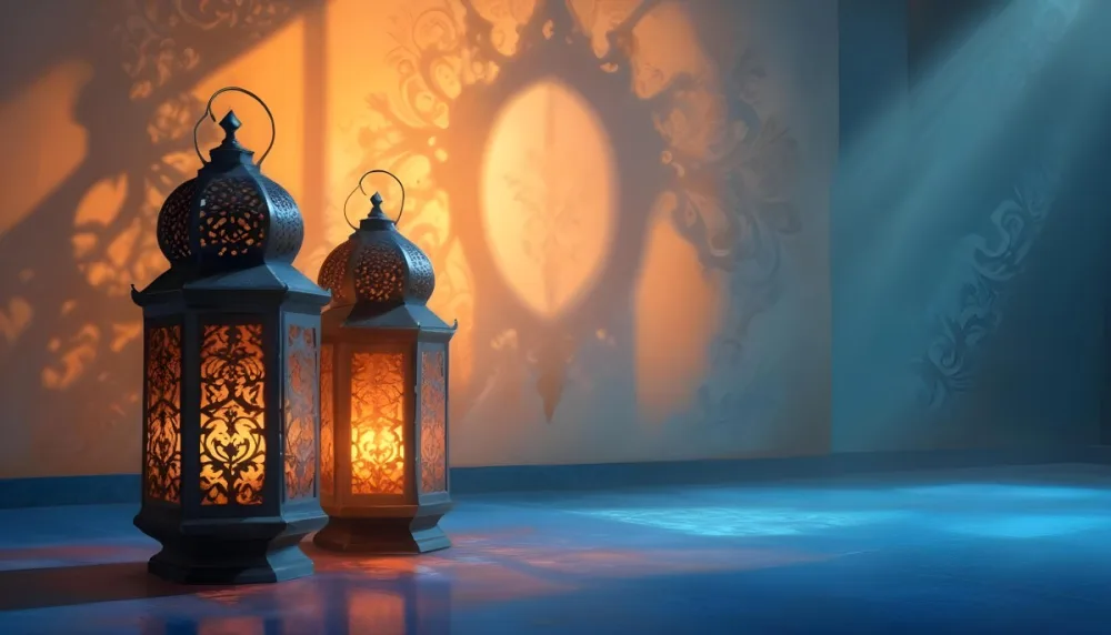 Digital Painting Two Ornate Metal Lanterns With Intricate Designs Glowing With Warm Light Casting Shadows On A Textured Wall In A Room With A Blue Floor Bold And Slim Lines Brush Strokes 21 40bc