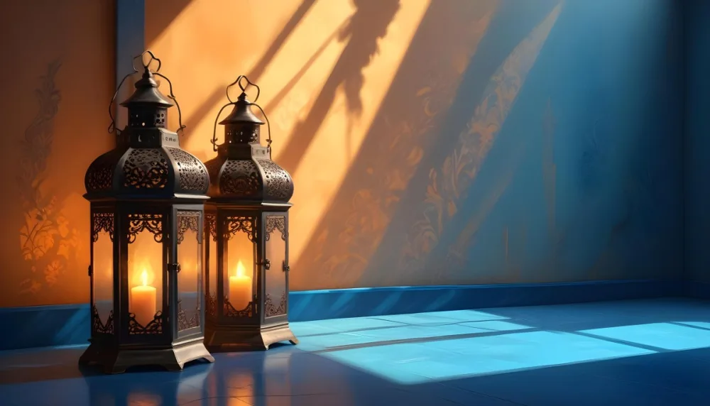 Digital Painting Two Ornate Metal Lanterns With Intricate Designs Glowing With Warm Light Casting Shadows On A Textured Wall In A Room With A Blue Floor Bold And Slim Lines Brush Strokes 27 9e6e