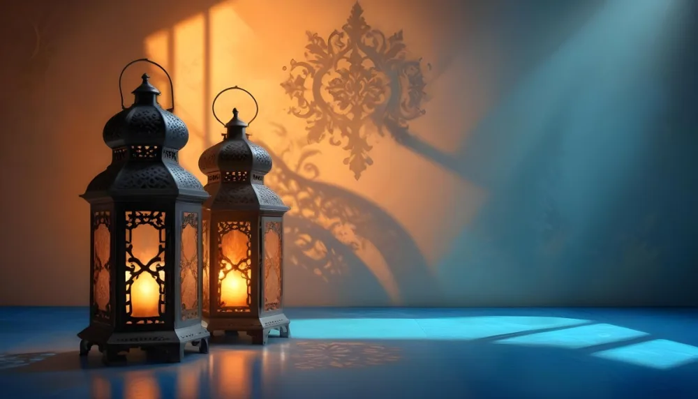 Digital Painting Two Ornate Metal Lanterns With Intricate Designs Glowing With Warm Light Casting Shadows On A Textured Wall In A Room With A Blue Floor Bold And Slim Lines Brush Strokes 33 D408