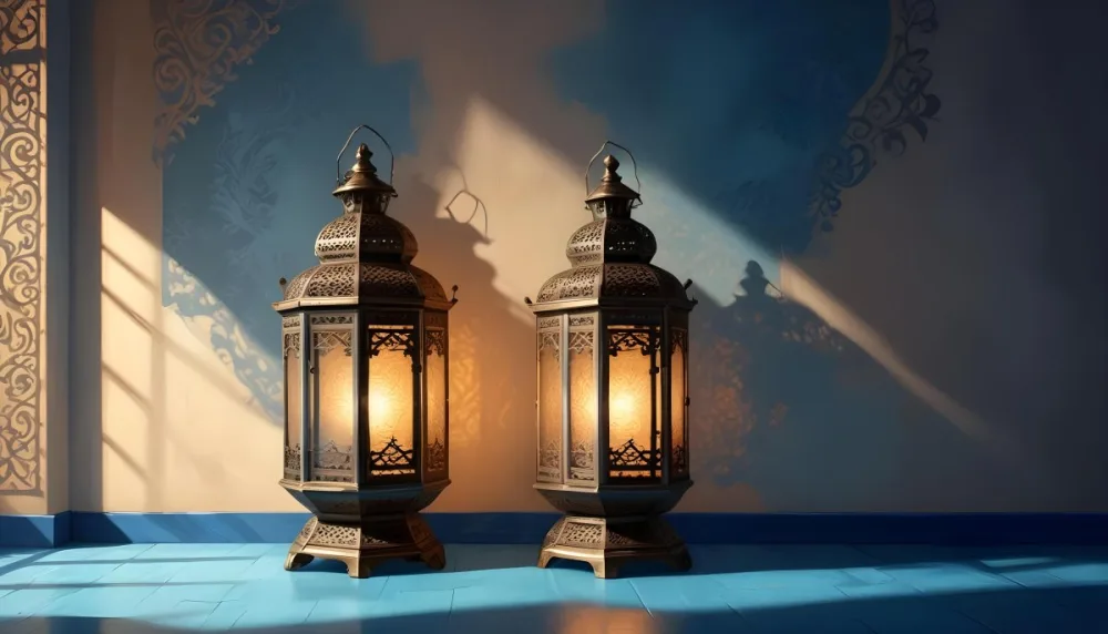 Digital Painting Two Ornate Metal Lanterns With Intricate Designs Glowing With Warm Light Casting Shadows On A Textured Wall In A Room With A Blue Floor Bold And Slim Lines Brush Strokes 37 Fda6