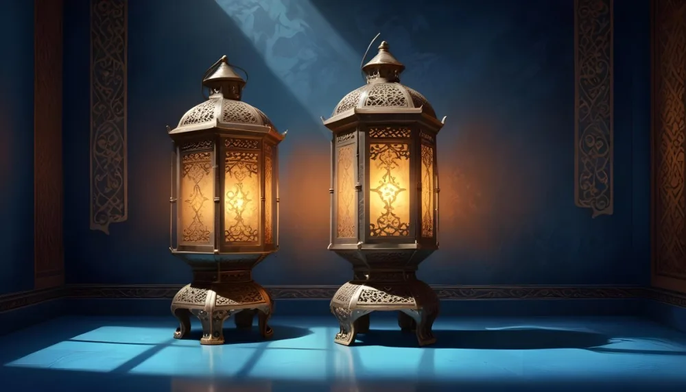 Digital Painting Two Ornate Metal Lanterns With Intricate Designs Glowing With Warm Light Casting Shadows On A Textured Wall In A Room With A Blue Floor Bold And Slim Lines Brush Strokes 42 E6dd