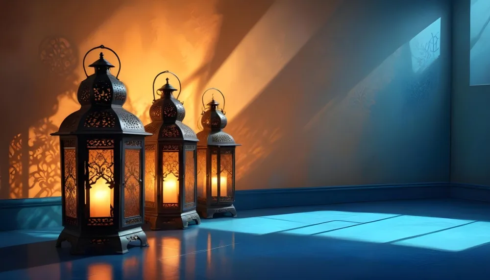 Digital Painting Two Ornate Metal Lanterns With Intricate Designs Glowing With Warm Light Casting Shadows On A Textured Wall In A Room With A Blue Floor Bold And Slim Lines Brush Strokes 45 1b5c