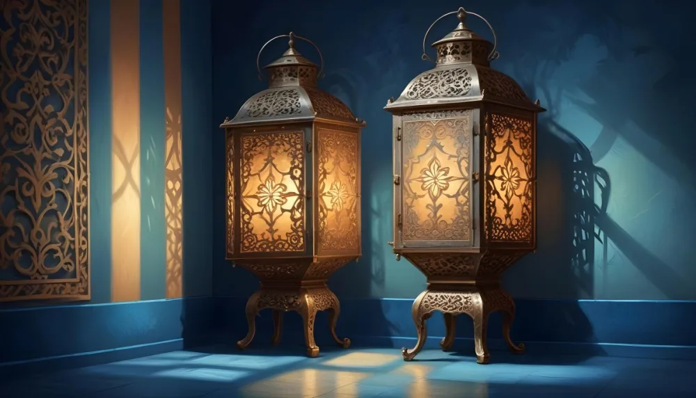 Digital Painting Two Ornate Metal Lanterns With Intricate Designs Glowing With Warm Light Casting Shadows On A Textured Wall In A Room With A Blue Floor Bold And Slim Lines Brush Strokes 48 77d5