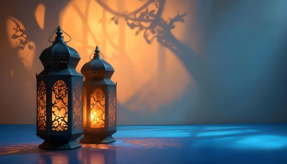 Digital Painting Two Ornate Metal Lanterns With Intricate Designs Glowing With Warm Light Casting Shadows On A Textured Wall In A Room With A Blue Floor Bold And Slim Lines Brush Strokes 5 08b0