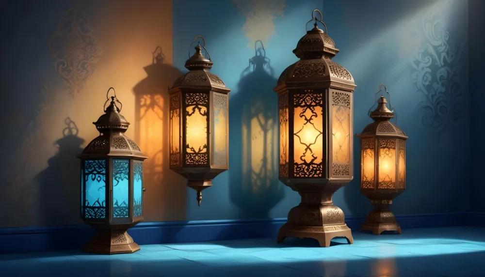 Digital Painting Two Ornate Metal Lanterns With Intricate Designs Glowing With Warm Light Casting Shadows On A Textured Wall In A Room With A Blue Floor Bold And Slim Lines Brush Strokes 50 Ae21
