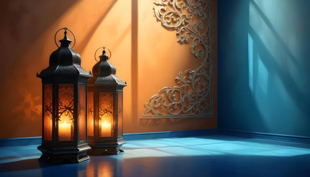 Digital Painting Two Ornate Metal Lanterns With Intricate Designs Glowing With Warm Light Casting Shadows On A Textured Wall In A Room With A Blue Floor Bold And Slim Lines Brush Strokes 8 108d