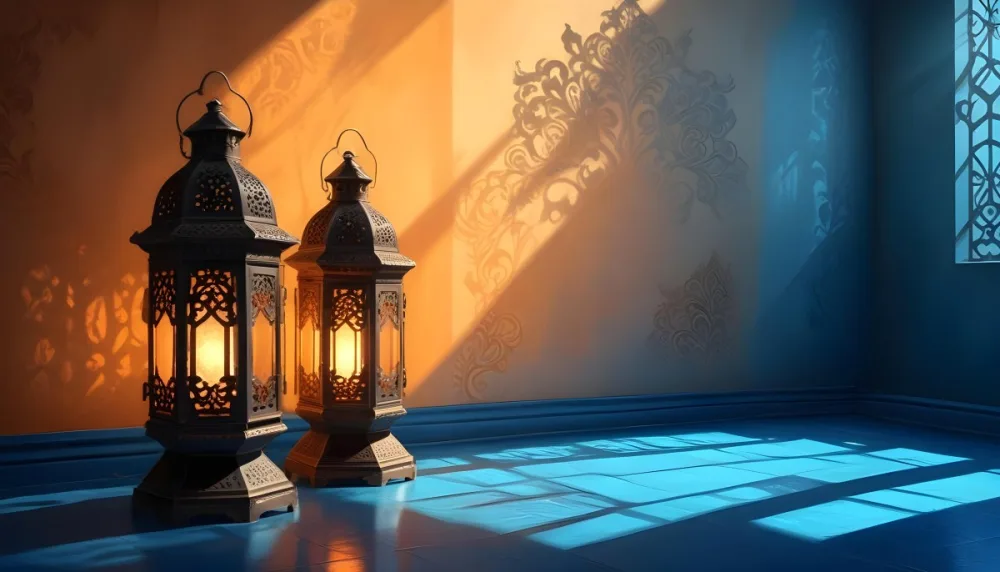 Digital Painting Two Ornate Metal Lanterns With Intricate Designs Glowing With Warm Light Casting Shadows On A Textured Wall In A Room With A Blue Floor Bold And Slim Lines Brush Strokes 9 22ae