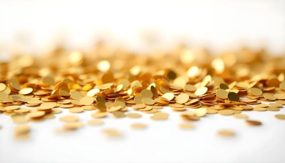 Golden Confetti Scattered On A White Surface Creating A Textured And Shimmering Effect Ideal For Festive Backgrounds Or Celebratory Designs With A Clean And Minimalist Aesthetic 22 Cabf