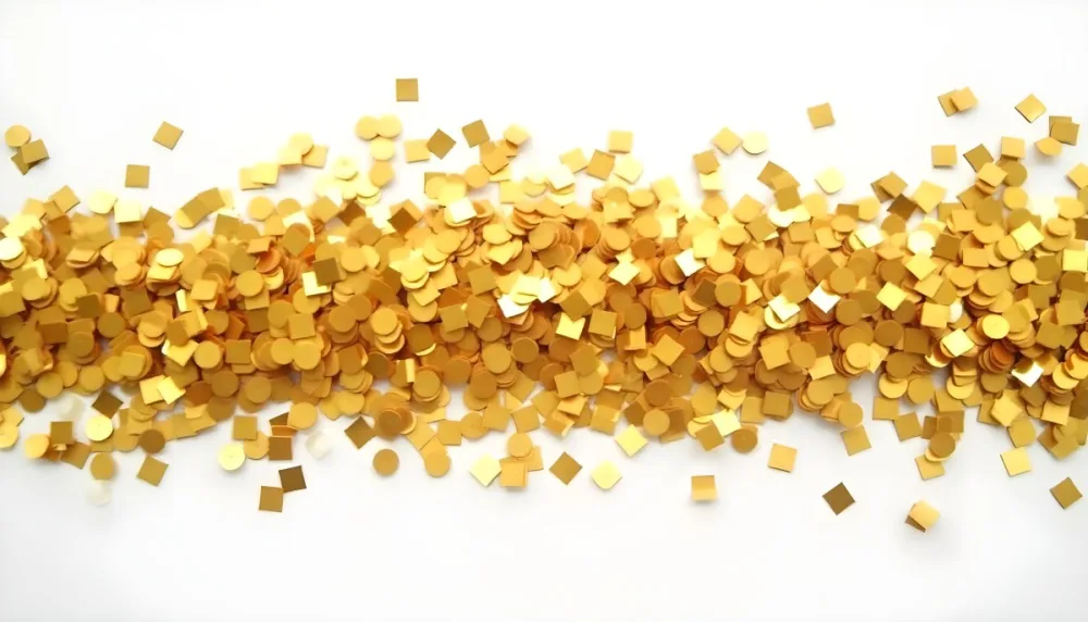 Golden Confetti Scattered On A White Surface Creating A Textured And Shimmering Effect Ideal For Festive Backgrounds Or Celebratory Designs With A Clean And Minimalist Aesthetic 30 Aabb