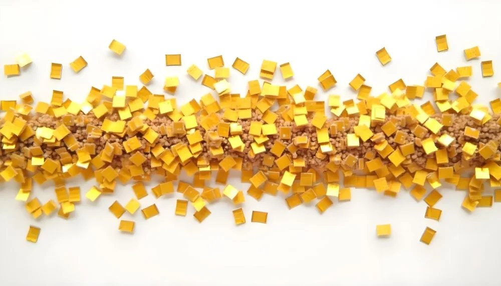 Golden Confetti Scattered On A White Surface Creating A Textured And Shimmering Effect Ideal For Festive Backgrounds Or Celebratory Designs With A Clean And Minimalist Aesthetic 33 B218
