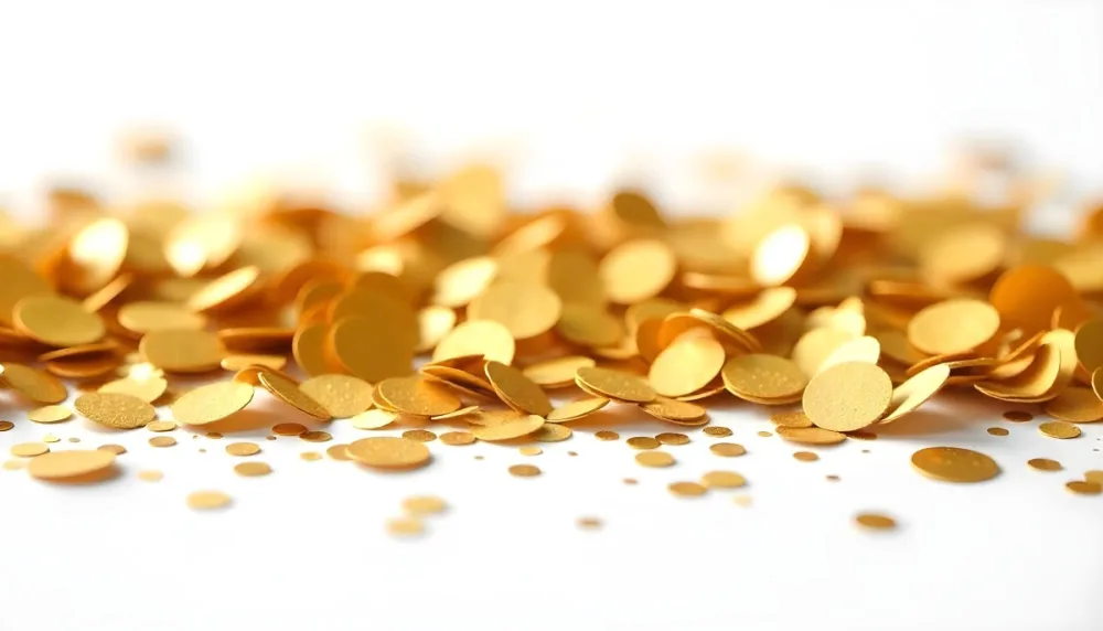 Golden Confetti Scattered On A White Surface Creating A Textured And Shimmering Effect Ideal For Festive Backgrounds Or Celebratory Designs With A Clean And Minimalist Aesthetic 35 4888