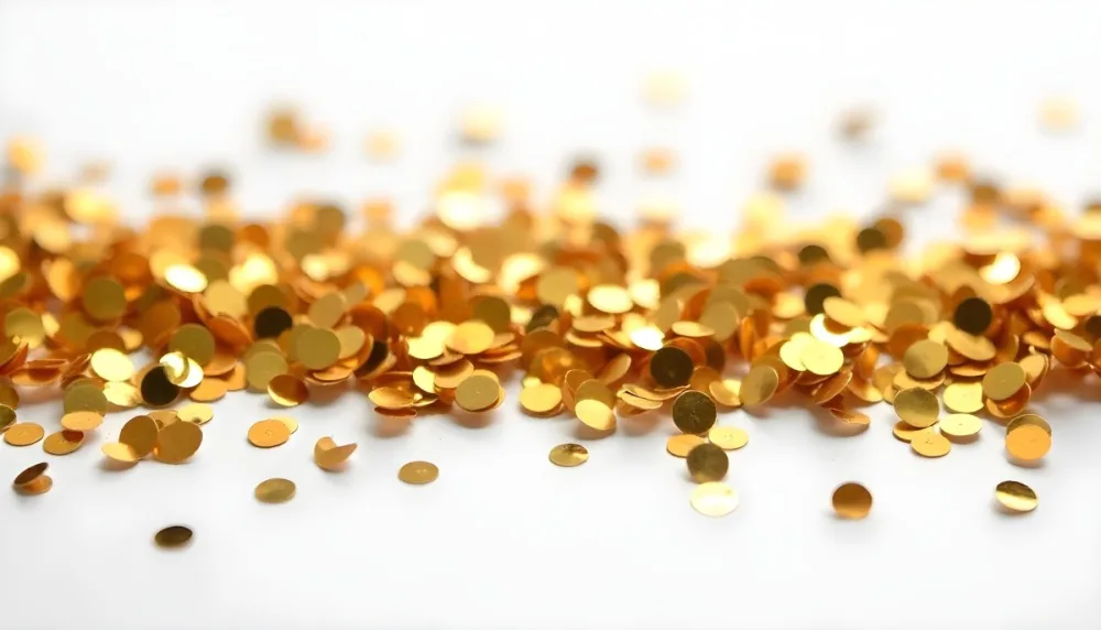 Golden Confetti Scattered On A White Surface Creating A Textured And Shimmering Effect Ideal For Festive Backgrounds Or Celebratory Designs With A Clean And Minimalist Aesthetic 36 38b7