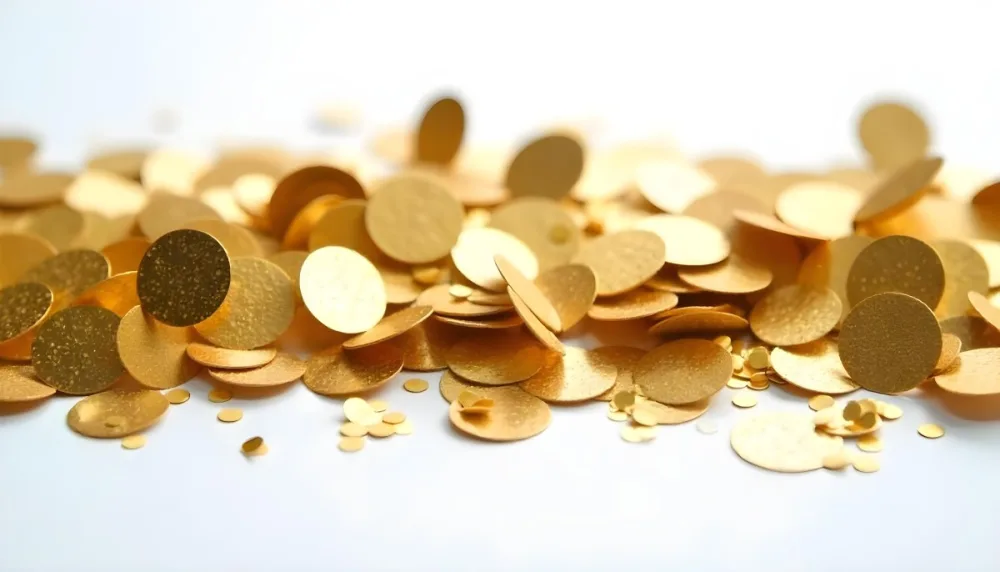 Golden Confetti Scattered On A White Surface Creating A Textured And Shimmering Effect Ideal For Festive Backgrounds Or Celebratory Designs With A Clean And Minimalist Aesthetic 37 C261