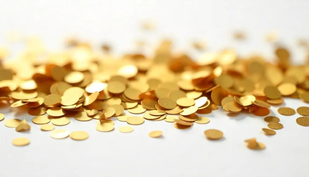 Golden Confetti Scattered On A White Surface Creating A Textured And Shimmering Effect Ideal For Festive Backgrounds Or Celebratory Designs With A Clean And Minimalist Aesthetic 8 9dda