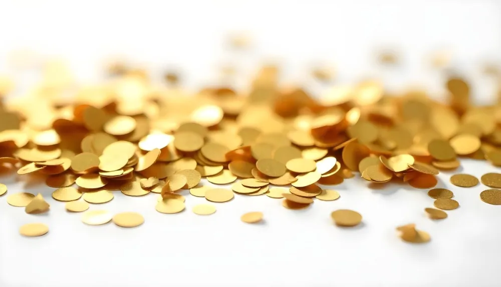 Golden Confetti Scattered On A White Surface Creating A Textured And Shimmering Effect Ideal For Festive Backgrounds Or Celebratory Designs With A Clean And Minimalist Aesthetic 9 0de9