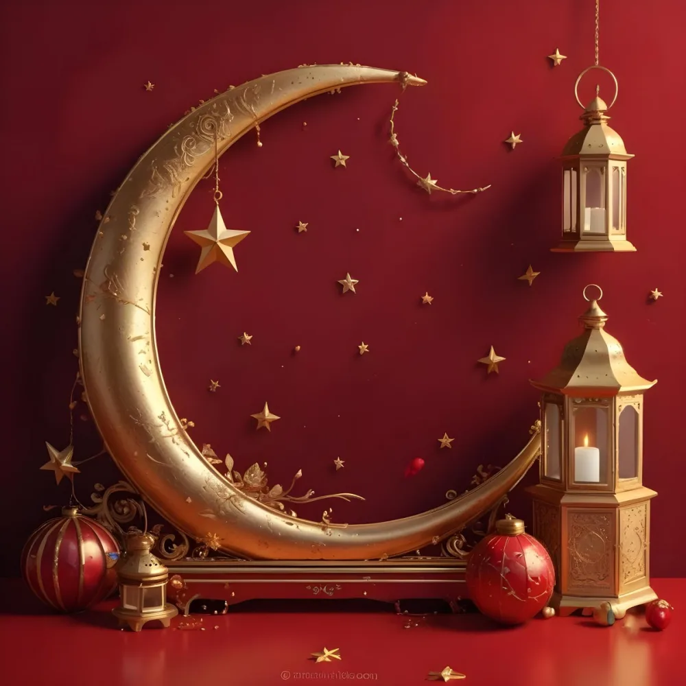 Golden Crescent Moon With Stars And Lanterns On A Red Background Festive Decorations Warm Lighting Elegant Design Celebration Theme Intricate Details Rich Colors 1 1fcb