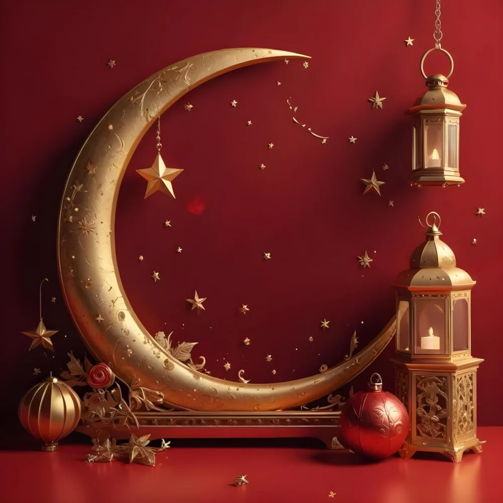 Golden Crescent Moon With Stars And Lanterns On A Red Background Festive Decorations Warm Lighting Elegant Design Celebration Theme Intricate Details Rich Colors 13 85ed