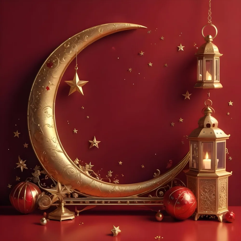 Golden Crescent Moon With Stars And Lanterns On A Red Background Festive Decorations Warm Lighting Elegant Design Celebration Theme Intricate Details Rich Colors 19 Dc9e