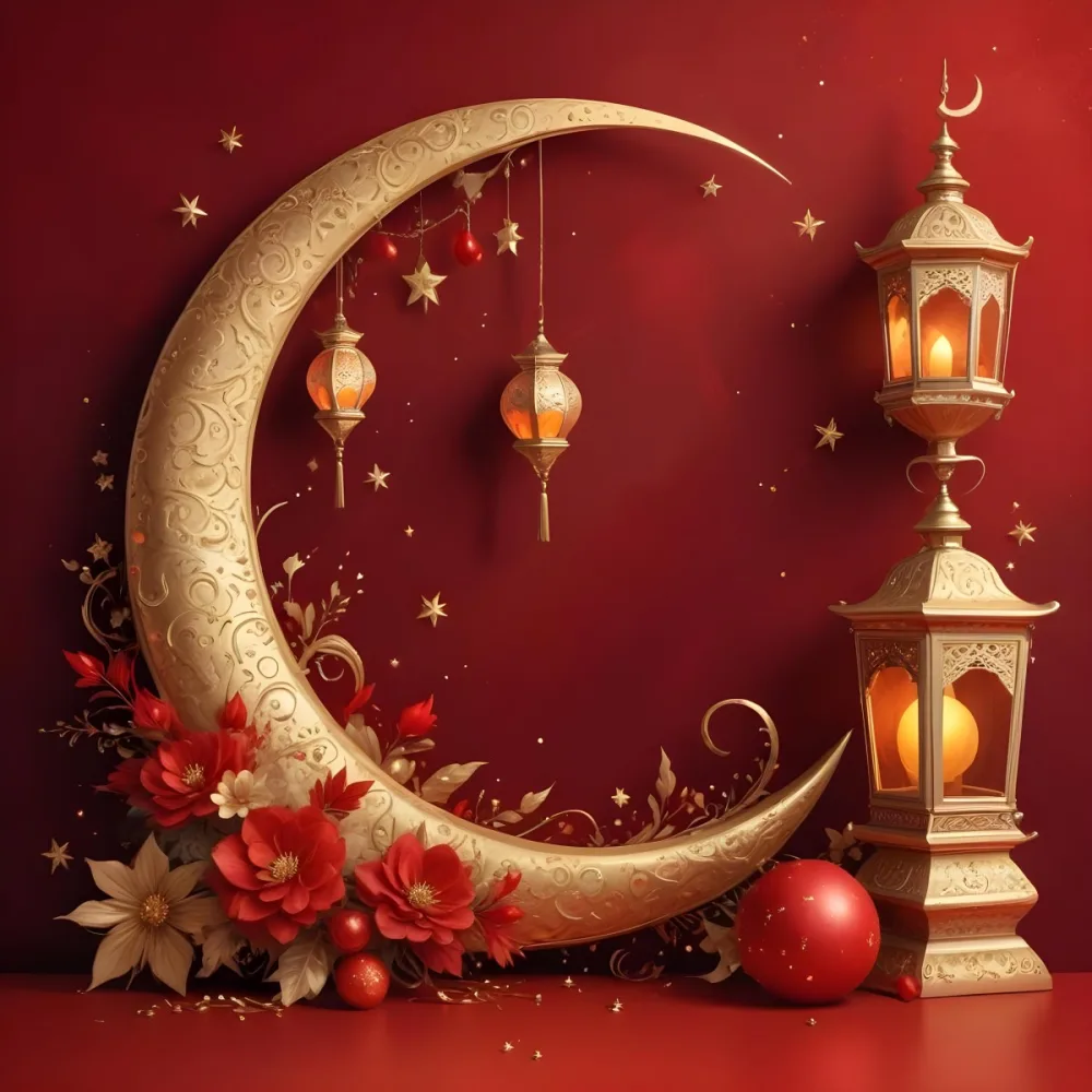 Golden Crescent Moon With Stars And Lanterns On A Red Background Festive Decorations Warm Lighting Elegant Design Celebration Theme Intricate Details Rich Colors 28 7bab