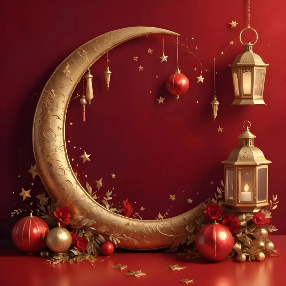 Golden Crescent Moon With Stars And Lanterns On A Red Background Festive Decorations Warm Lighting Elegant Design Celebration Theme Intricate Details Rich Colors 32 B418