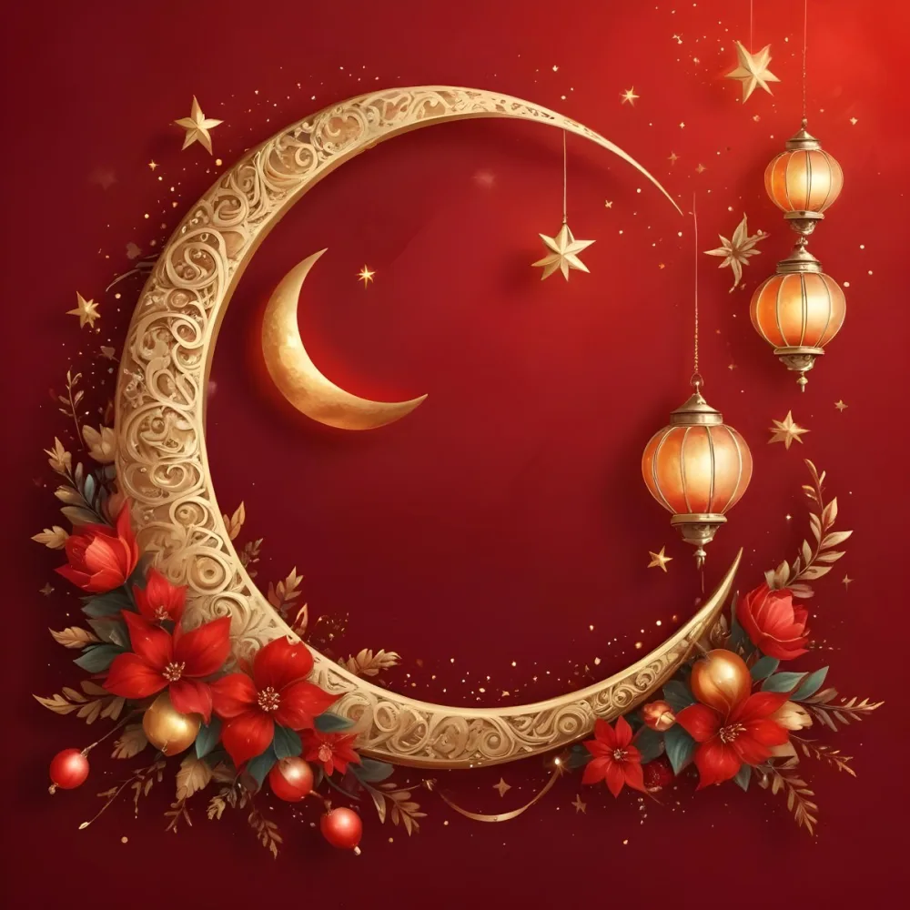 Golden Crescent Moon With Stars And Lanterns On A Red Background Festive Decorations Warm Lighting Elegant Design Celebration Theme Intricate Details Rich Colors 33 76f4