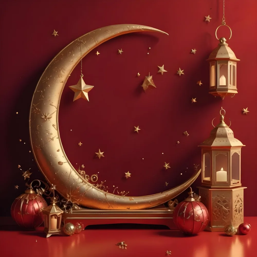 Golden Crescent Moon With Stars And Lanterns On A Red Background Festive Decorations Warm Lighting Elegant Design Celebration Theme Intricate Details Rich Colors 34 F7cc