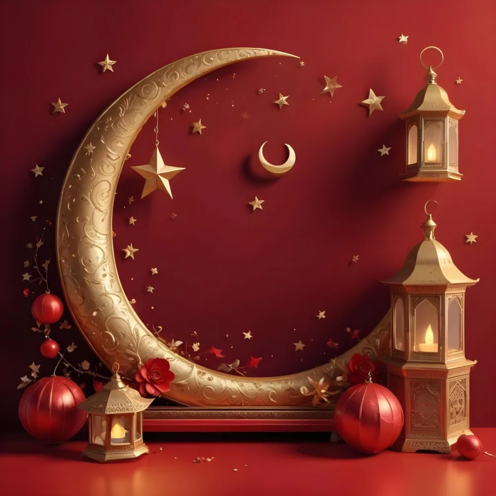 Golden Crescent Moon With Stars And Lanterns On A Red Background Festive Decorations Warm Lighting Elegant Design Celebration Theme Intricate Details Rich Colors 4 4e0b