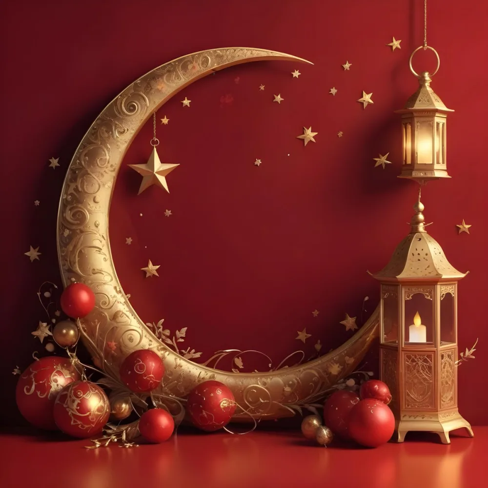 Golden Crescent Moon With Stars And Lanterns On A Red Background Festive Decorations Warm Lighting Elegant Design Celebration Theme Intricate Details Rich Colors 5 6e1b