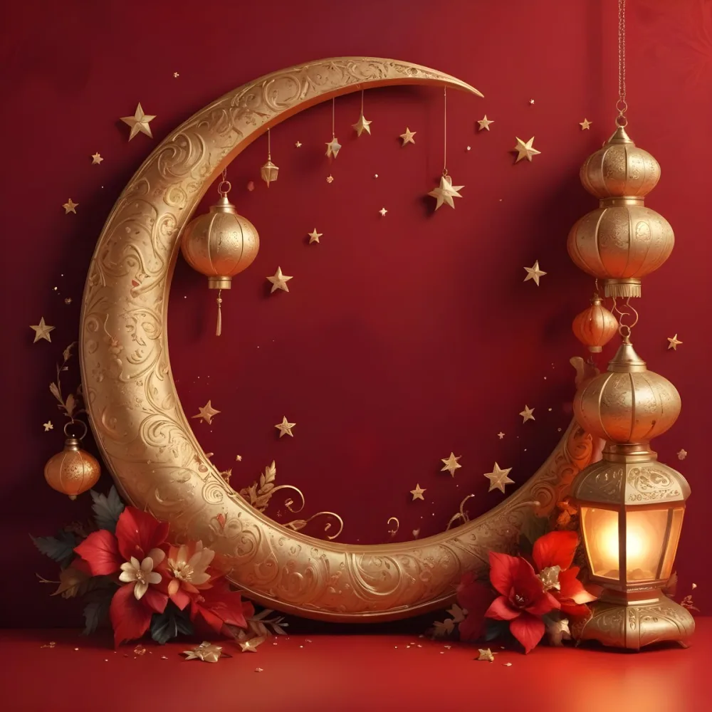 Golden Crescent Moon With Stars And Lanterns On A Red Background Festive Decorations Warm Lighting Elegant Design Celebration Theme Intricate Details Rich Colors 6 C9a7