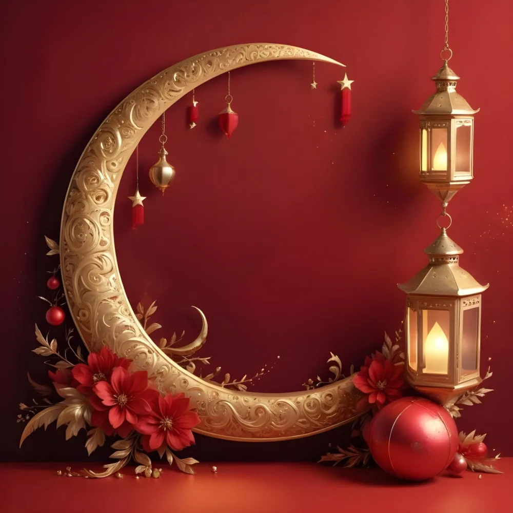 Golden Crescent Moon With Stars And Lanterns On A Red Background Festive Decorations Warm Lighting Elegant Design Celebration Theme Intricate Details Rich Colors 7 5b1a