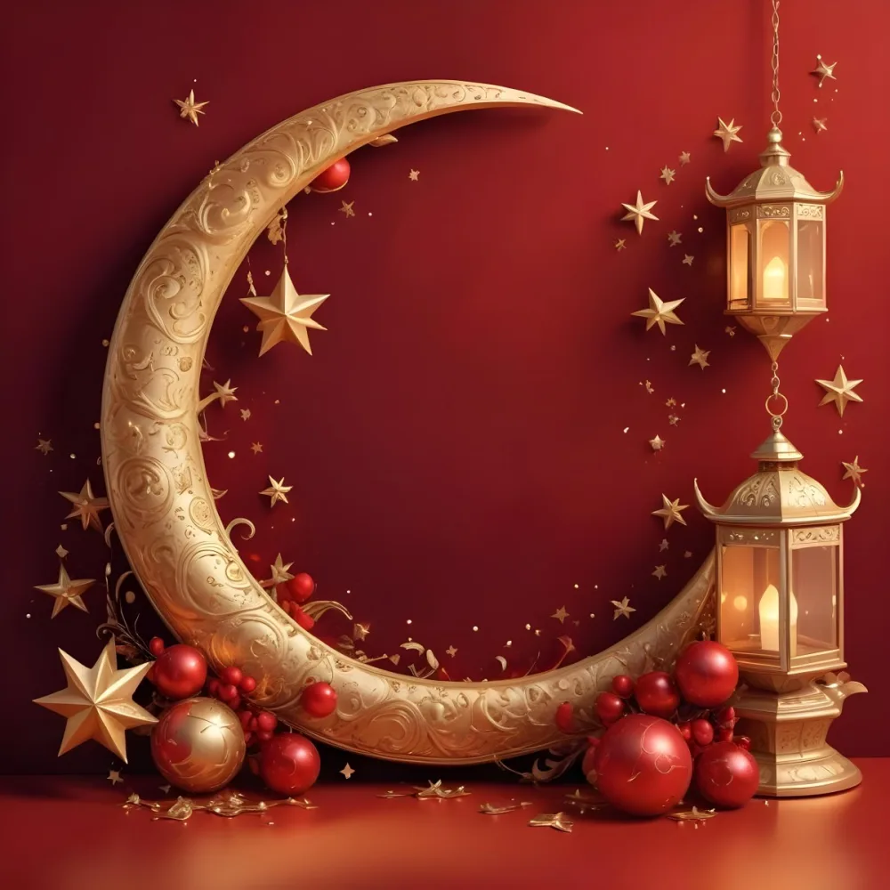 Golden Crescent Moon With Stars And Lanterns On A Red Background Festive Decorations Warm Lighting Elegant Design Celebration Theme Intricate Details Rich Colors 8 B924