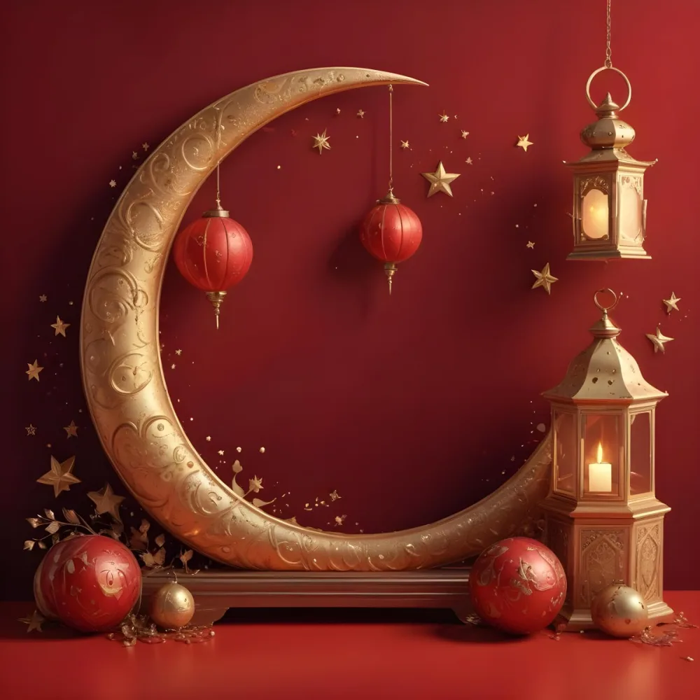 Golden Crescent Moon With Stars And Lanterns On A Red Background Festive Decorations Warm Lighting Elegant Design Celebration Theme Intricate Details Rich Colors 9 289d