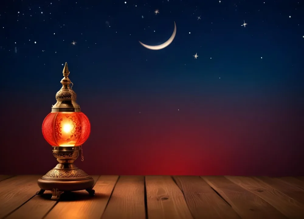 Minimal Soft Studio Light Photography A Golden Arabic Lamp With Red Glass On A Wooden Surface Night Sky With Stars And Moon In The Background High Detail Solid Bold Color Background 13 C626