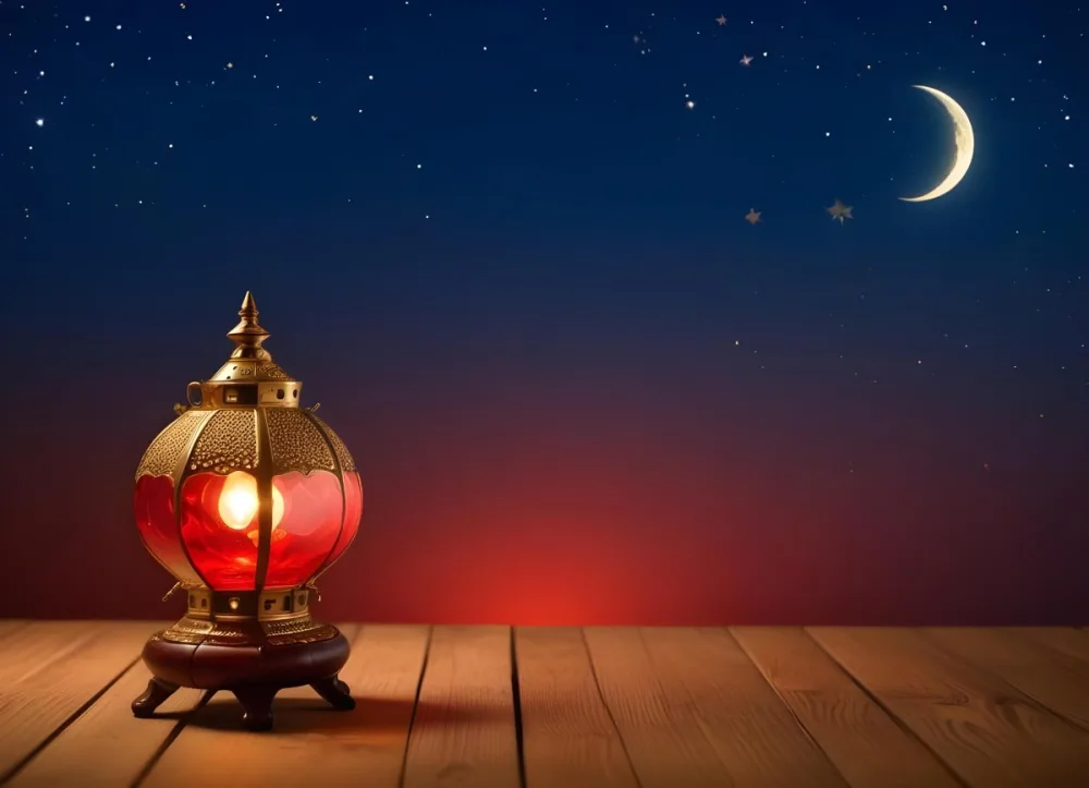 Minimal Soft Studio Light Photography A Golden Arabic Lamp With Red Glass On A Wooden Surface Night Sky With Stars And Moon In The Background High Detail Solid Bold Color Background 17 40ae