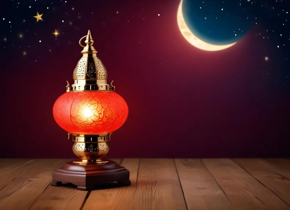 Minimal Soft Studio Light Photography A Golden Arabic Lamp With Red Glass On A Wooden Surface Night Sky With Stars And Moon In The Background High Detail Solid Bold Color Background 18 07c0